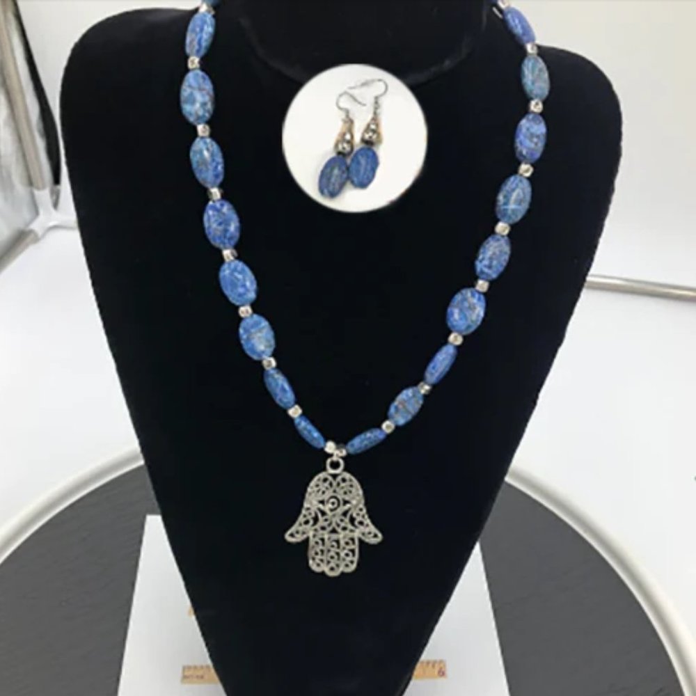 Blue Hand Design Pendant Necklace and Earrings Set